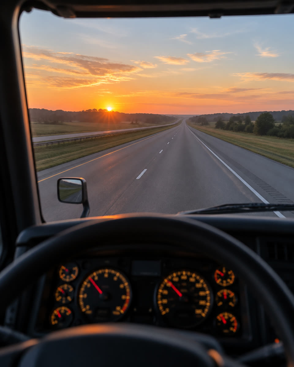View through a truck windshield of an empty interstate at sunrise