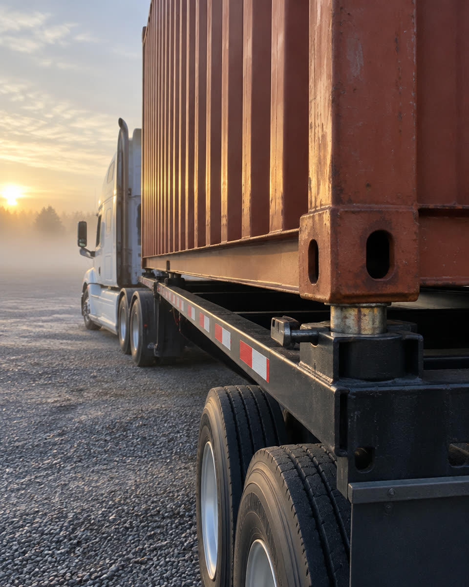 Rust-red intermodal container locked onto a chassis behind a white tractor at dawn