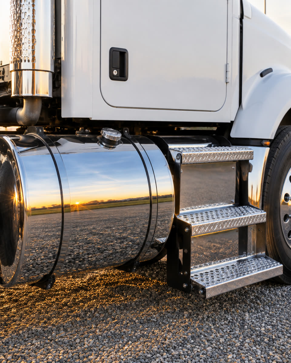 Chrome fuel tank and steps on a white tractor in warm morning light